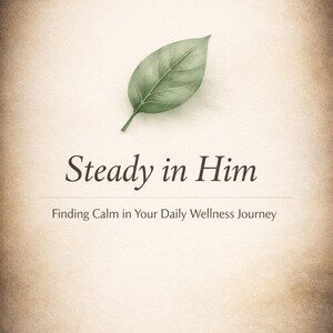 May include: A book cover with a textured off-white background and a dark vignette border. A single green leaf is centered at the top. The text reads: Steady in Him, Finding Calm in Your Daily Wellness Journey, By Darrell Morey in dark brown font.