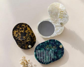 Custom Name Comb with Mirror – Personalized Acetate Hair Comb, Engraved Travel Compact Mirror, Bridesmaid Gift, Stocking Stuffer