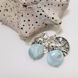 Ocean Blue Larimar Gemstones adorned with a Silver Sand Dollar Disk and Sterling Silver Findings #750