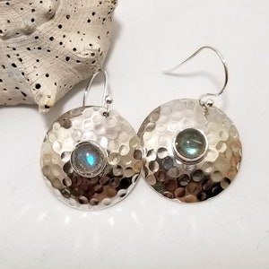 Labradorite Semi-Precious Drop Gemstone Earrings, encased in a Hammered .925 Sterling Silver Circle Design #581