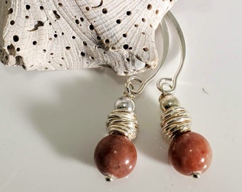 8mm Rhodonite Semi-Precious Gemstone Earrings, adorned with .925 Sterling Silver #1023