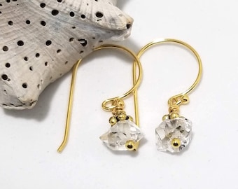 Luxe AAA Herkimer Diamond Nugget Dangle Drop Earrings, adorned in Vermeil (Gold) #650