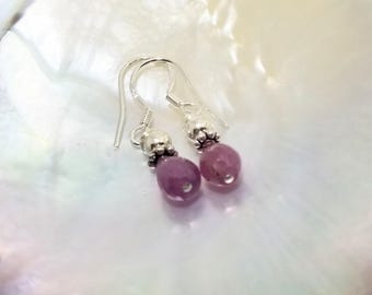 Small, Delicate, Rich Pink Sapphire Teardrop Earrings, adorned w/Sterling 4mm Beads & Spacers,September Birthstone  #464