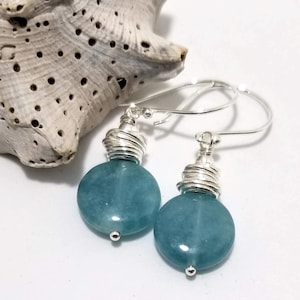 Aquamarine Semi-Precious Gemstone Dangle Drop Earrings adorned w/.925 Sterling Silver #657