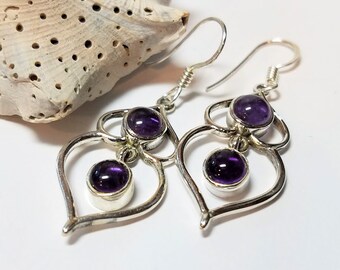 Heart Dangle Amethyst Sterling Silver Earrings: February Birthstone