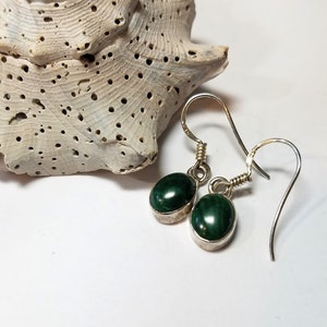Malachite Semi-Precious Dangle Drop Gem Stone Earrings,Stone of Balance,Dark Green Coloring,Encased in .925 Sterling Silver #181