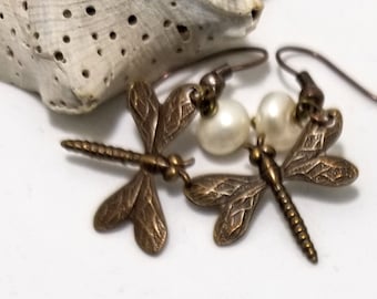 Bronze Vintaj DragonFlies accented with 6mm button Pearls #585