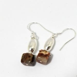 Jasper Semi-Precious Marble Drop Earrings w/Sterling Ear Wires Cube Design in a luscious Multi-Colored Brown #486