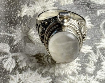 Bold, Large Style, Ornate Designed Moonstone Poison Ring #1047