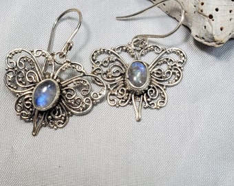 Sweet Elegant Labradorite Dangle Drop Earrings, in a .925 Sterling Silver Butterfly Setting #1068