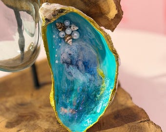 Handgemaakte ringschotel met oesterschelp | Sieradenhouder lamantijn | Trinketschaal kust | Strandhuisdecoratie | Florida-cadeau | Bladgoud Oyster Sheng