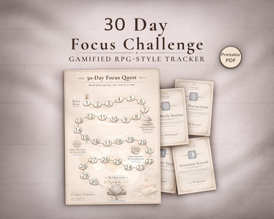 30 Day Productivity Challenge Printable - Gamified Focus Planner ...