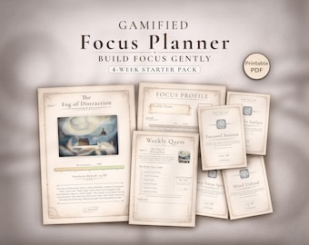 Planificador de enfoque imprimible - Rastreador de productividad gamificado / Plan de hábitos de 4 semanas en PDF
