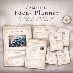 Peut inclure: Ensemble de pages de planificateur imprimables, intitulé "Gamified Focus Planner". Les pages incluent un "Focus Profile", "Weekly Quest" et "Daily Task Card". La page principale est intitulée "The Static of Noise".