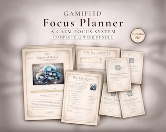 Planificador de enfoque imprimible - Rastreador de productividad gamificado / Paquete de 12 semanas de plan de hábitos en PDF