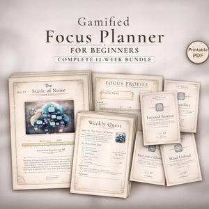 May include: A complete 12-week bundle of a gamified focus planner for beginners. The planner includes various cards and sheets with titles such as "The Static of Noise", "Focus Profile", and "Weekly Quest". The planner is a printable PDF.