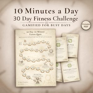 Op de afbeelding: Een beige printbare PDF met de tekst "10 Minutes a Day 30 Day Fitness Challenge" en "Gamified for Busy Days". De afbeelding bevat een fitness quest-kaart en verschillende taakkaarten voor een programma van 30 dagen.