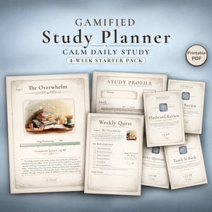 May include: A set of printable study planner pages with a gamified design. The pages feature sections for study profiles, weekly quests, and flashcard reviews. Text includes "Gamified Study Planner" and "Calm Daily Study" on a blue background.