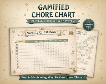 May include: A printable gamified chore chart set featuring a Weekly Quest Board with a grid for daily tasks, a progress map with numbered levels, and a badge indicating 3 printable pages. The design includes fantasy-themed illustrations.