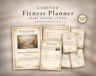 Planificador de fitness imprimible - Rastreador de entrenamiento gamificado / Juego de bienestar para principiantes de 4 semanas en PDF