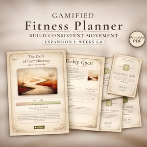 Op de afbeelding: Een gegamificeerde fitnessplanner met de tekst "Gamified Fitness Planner" en "Build Consistent Movement". De planner bevat kaarten met titels als "The Drift of Complacency" en "Heart Rate Spike". Het ontwerp is vintage met een beige en bruin kleurenschema.