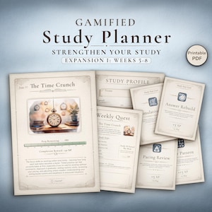 May include: A gamified study planner with the text "GAMIFIED Study Planner" and "STRENGTHEN YOUR STUDY". The planner includes cards with titles like "The Time Crunch" and "Weekly Quest". A printable PDF is also available.