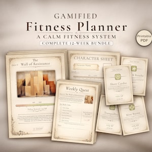May include: A gamified fitness planner bundle with a calm fitness system. The image shows a complete 12-week bundle with character sheets, weekly quest sheets, and daily task cards. The text includes "The Wall of Resistance" and "Short Cardio".