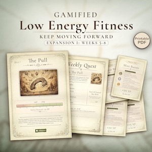 Afdrukbaar week 5-8 energiebesparende fitnessplanner - gamified workout-uitdaging | Wellness-uitbreiding voor beginners, pdf