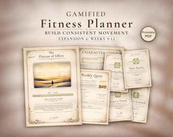 Planificador de fitness imprimible para las semanas 9 a 12 - Rastreador de entrenamiento gamificado / PDF de expansión de bienestar para principiantes