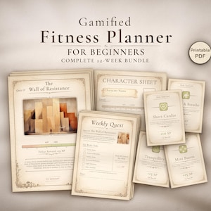 Fitness Planner Printable - Gamified Workout Habit Tracker | 12 Week Bundle Wellness Plan PDF