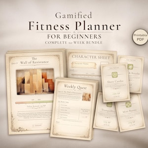 Fitness Planner Printable - Gamified Workout Habit Tracker | 12 Week Bundle Wellness Plan PDF