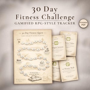30 Day Fitness Challenge Printable - Gamified Workout Habit Quest | Beginner Friendly Plan PDF