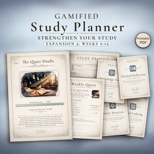 May include: A collection of printable study planner pages with the title "Gamified Study Planner" and the text "Strengthen Your Study." The pages include sections for weekly quests, study profiles, and study step cards. The image has a blue background.