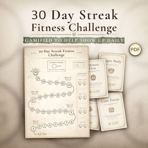Op de afbeelding: Een vintage fitness challenge print met de tekst "30 Day Streak Fitness Challenge" en "Gamified to Help Show Up Daily". Het ontwerp bevat een 30-daagse tracker en oefenkaarten. Een PDF-pictogram staat in de rechterbovenhoek.