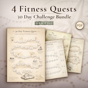 Op de afbeelding: Een bundel van vier fitness challenge printables. De hoofdpagina is een 30-Day Fitness Quest met een bordspelontwerp. De andere pagina's bevatten een Quiet Trail, een 10-Minute Quest en een 7-Day Streak Fitness Challenge. De tekst "4 Fitness Quests" staat bovenaan.