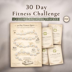 Op de afbeelding: Een fitnesstracker met de tekst "30 Day Fitness Challenge" en "Gamified RPG-Style Tracker". Het ontwerp bevat een spelbord met genummerde vakken en taakkaarten.