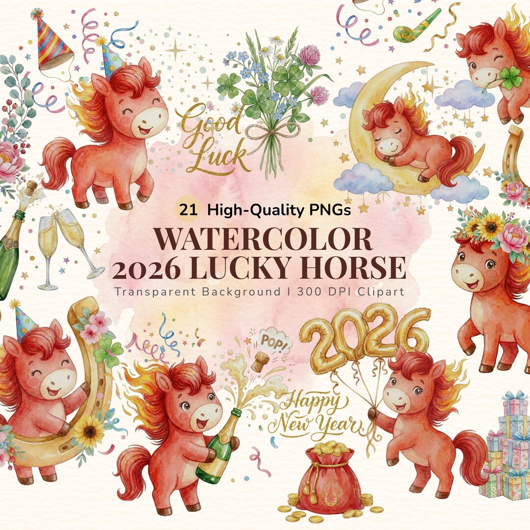 2026 Year of the Horse Clipart Set, Cute Watercolor Red Horse PNG ...