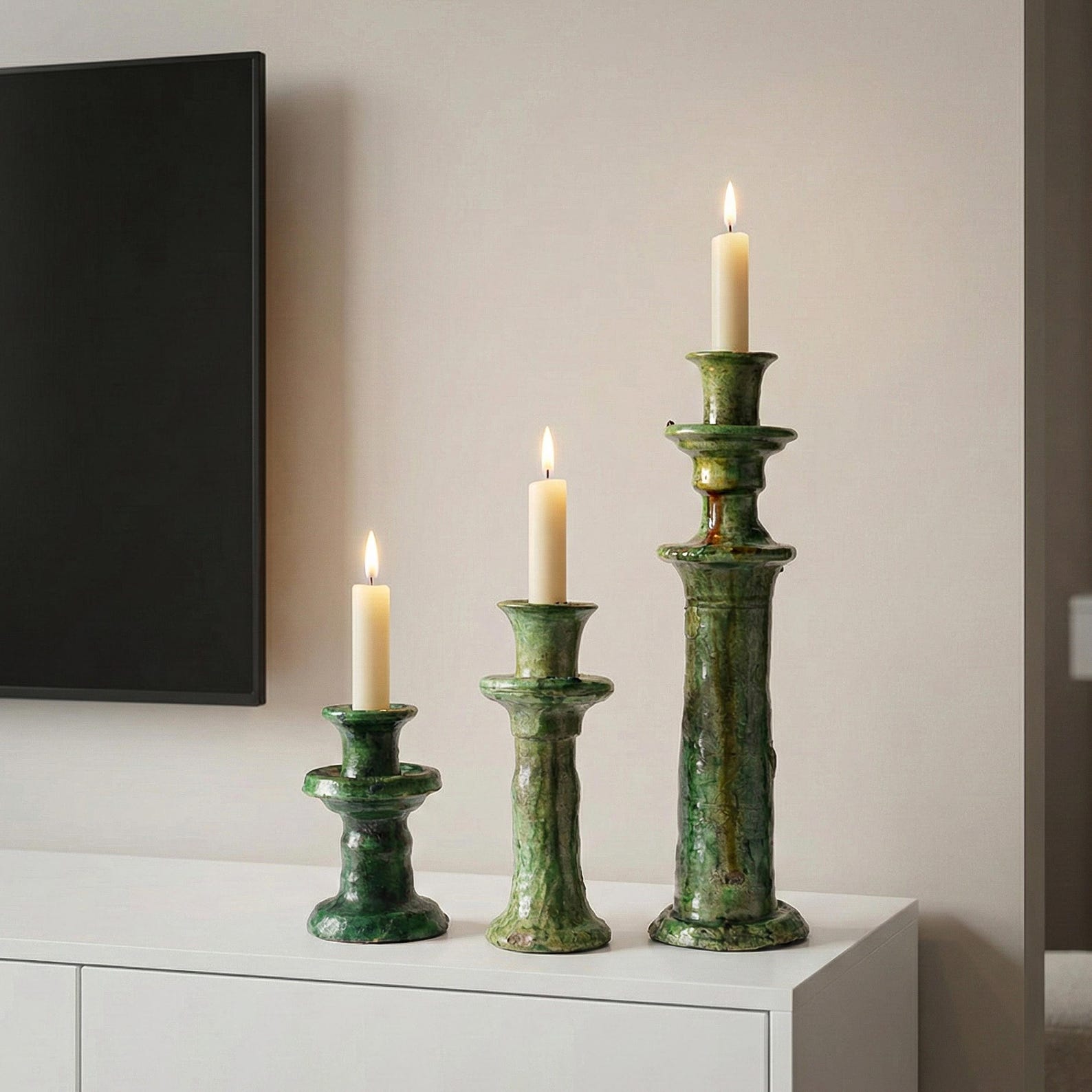 Tamegroute Candle Holder: Set of 3 Handmade Moroccan Green Ceramic Candlestick, Moroccan Pottery