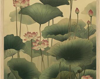 Lotus Pond, Late Season | Japanese Woodblock Print | Ukiyo-e Autumn Garden Art | A3 A2 A1