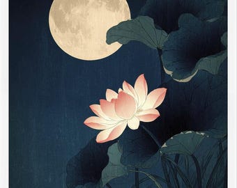 Moonlit Lotus | Japanese Woodblock Botanical Print | Ukiyo-e Flower Art | A3 A2 A1