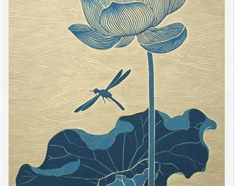 Lotus & Dragonfly | Japanese Woodblock Botanical Print | Ukiyo-e Nature Art | A3 A2 A1