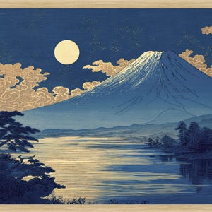 Moon Over Fuji | Japanese Woodblock Print | Ukiyo-e Mount Fuji Art | A3 A2 A1