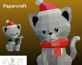 Weihnachtskatze Papercraft Vorlage, DIY Low Poly Modell, Tierskulptur für Wohndekor Geschenk