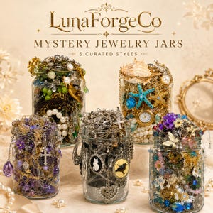 Pode incluir: Cinco frascos de vidro cheios de joias sortidas, rotulados como LunaForgeCo Mystery Jewelry Jars 5 Curated Styles. Os frascos contêm colares, berloques, contas e pingentes em várias cores, incluindo tons de roxo, dourado, prateado e azul.