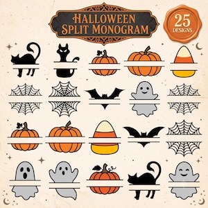 May include: A digital collection of 25 Halloween split monogram designs featuring black cats, orange pumpkins, candy corn, spider webs, bats, and ghosts. Each graphic includes a horizontal line for personalisation on a light beige background.