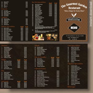 Puede incluir: Un menú de restaurante en tonos marrones y beige, que enumera entrantes, sopas, ensaladas y especialidades del chef. El texto "The Gourmet Garden Resturant" está en la parte superior, con un mensaje de bienvenida y opciones de menú.
