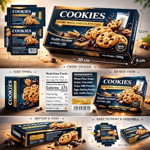May include: A box of "COOKIES" with "HOME MADE CHOCOLATE CHIP" text. The front design shows cookies, chocolate chips, and a glass of milk. The box is 20 cm long, 12 cm high, and 5 cm deep. The net weight is 250g.