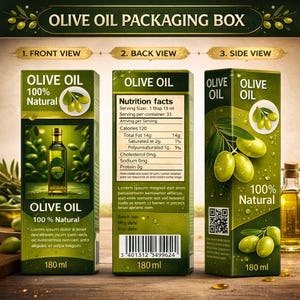 May include: Green olive oil packaging box with front, back, and side views. The box features olive branch illustrations and the text "Olive Oil 100% Natural." Nutritional information is shown, and the volume is 180 ml.