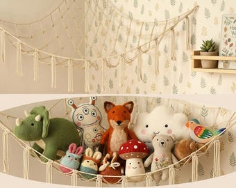Plush Toy Hammock with Fringe, Stuffed Animal Net Storage, Cute Kids Room Wall Decor, Nursery & Playroom Organizer