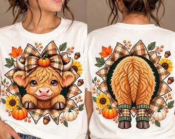 Fall Highland Cow PNG | Front Back Buffalo Plaid Bow Pumpkin Autumn Leaves Shirt Design Download